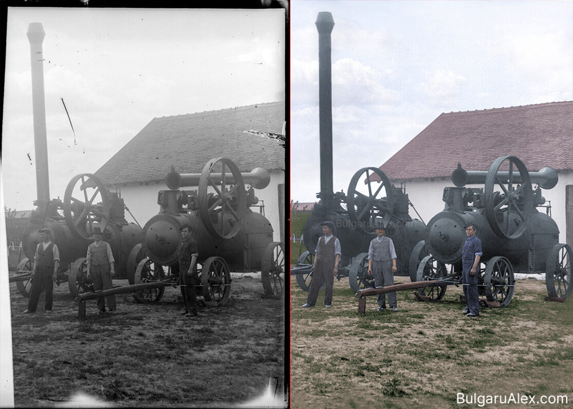 Old agriculture locomobiles black and white photo restoration, cca. 1940s